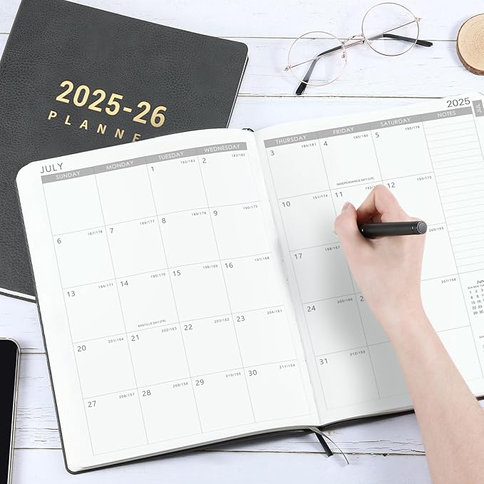 2025-2026 Planner - July 2025 - June 2026, Planner 2025-2026 Daily Weekly and Monthly, 8.5" x 11", Pen Holder, Calendar Stickers, Pocket, 25 Notes Pages, Faux Leather Cover, A4 Premium Paper -Gray