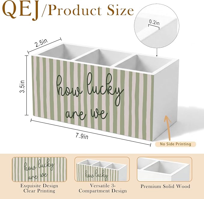 How Lucky Are We Motivational Pen Holder for Desk, Sage Green Striped Positive Affirmations Wooden Box Pencil Pen Organizer for Home Office Classroom Desk Tabletop