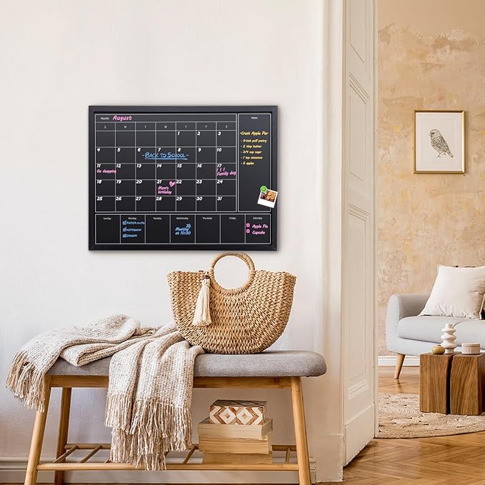 3-in-1 Chalkboard Calendar for Wall, Magnetic Monthly & Weekly Calendar, 31.5x23.6 inches Blackboard for Wall with Black Wood Frame, Hanging Chalkboard for Decor/Memo(YL+ZL-HB-BK,6080)