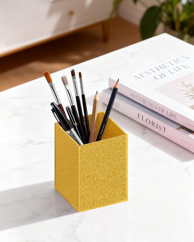 Gold Acrylic Pen Holder, Acrylic Makeup Brush Storage Organizer, Pencil Pen Holder for Desk, Modern Desktop Accessories for Office School Home Supplies