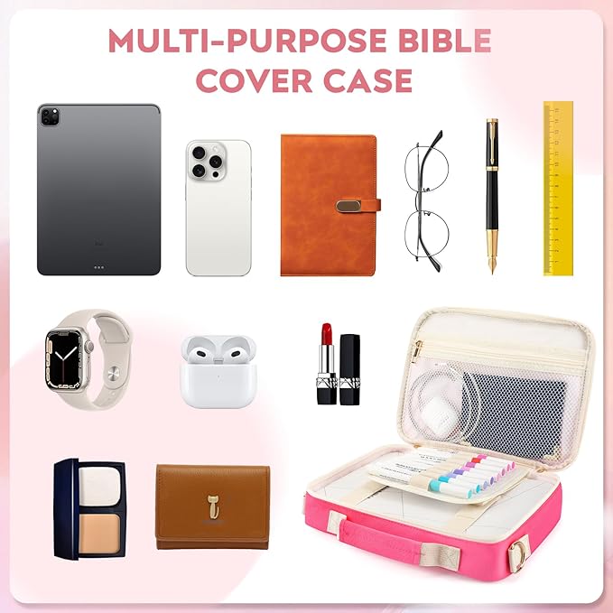 Bible Cover Case for Women Grils, Preppy Bible Bag with Adjustable Shoulder Strap, Waterproof Bible Carrying Tote Bags Holder for Bible Study Supplies Accessories & Christian Gifts (Rose Red)