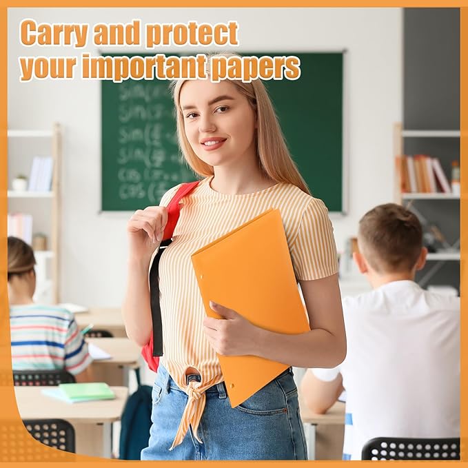Yeaqee 100 Pcs Plastic Folders with Pockets Bulk 3 Hole Punched 2 Pocket File Folders for 3 Ring Binder Divider Folder for Notebooks, Durable Poly for Office Home (Orange)
