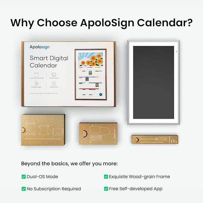 Apolosign 15.6-inch Digital Family Calendar, No Subscription Fee, Smart Wall Planner with Calendar Sync, Chore Chart & Touchscreen Display for Busy Families, with Stand (Gray)