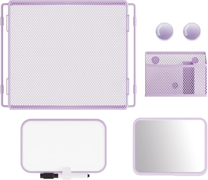 Svartur Locker Accessories with Locker Shelf, Magnetic Mirror, Magnetic Pen Holder, Magnetic Small Whiteboard, Back to School Essentials Locker Decorations, 7 Piece Locker Organizer for Work, Purple
