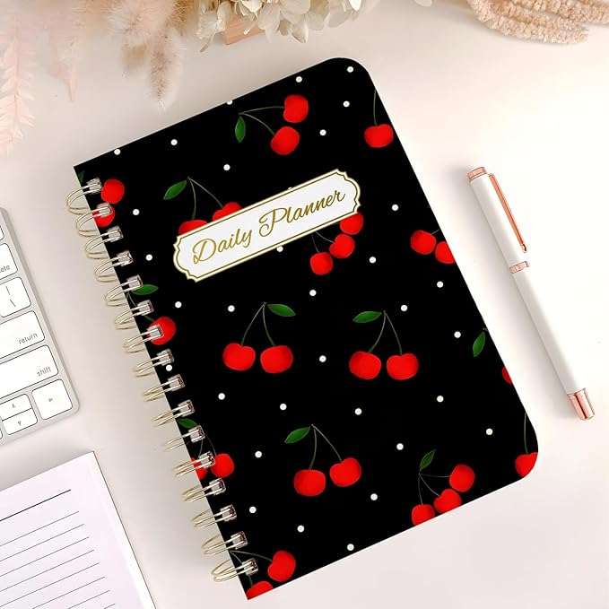 Undated Daily Planner - Spiral Notebook 80 Days One Day Per Page, Hourly Schedule, To-Do List, Notes, Everyday Planning Task, A5 Hardcover Journal Organizer Book Women Cute Aesthetic, Cherry