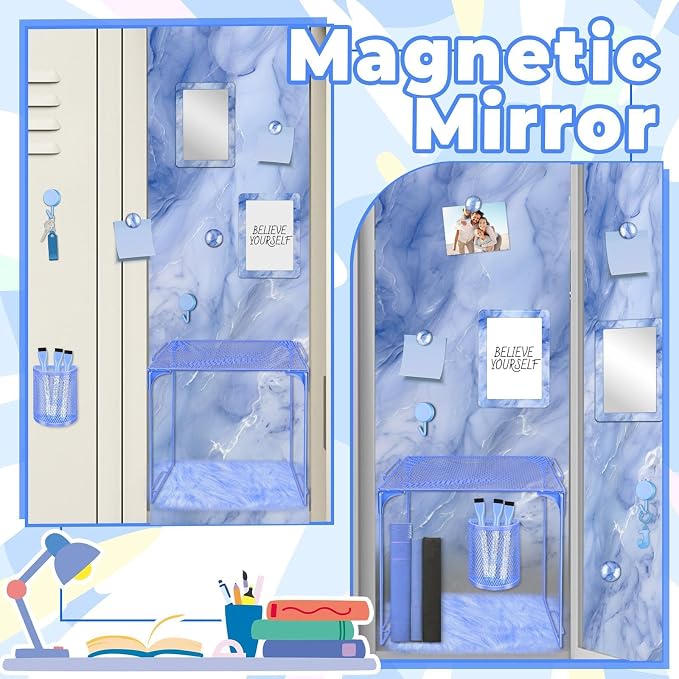 Demonwer Blue Locker Accessories Kit Locker Organizer Magnetic Mirror Whiteboard Pen Holder Small Carpet for Storage Organizing Shelf Back to School Party Supply