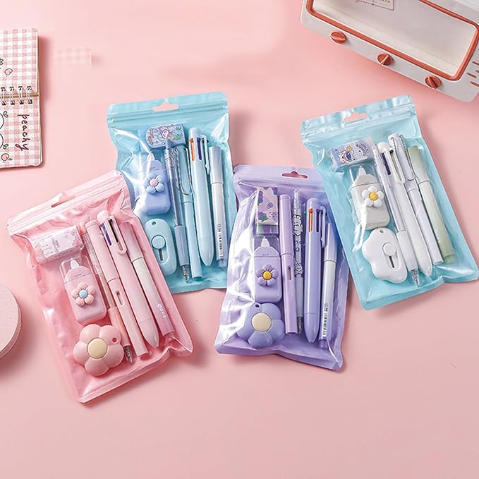 7 Pcs Cute White Stationery Set Kawaii School Supplies Office Supplies Including Ballpoint Pens Pencil Highlighter Correction Tape Utility Knife (White)