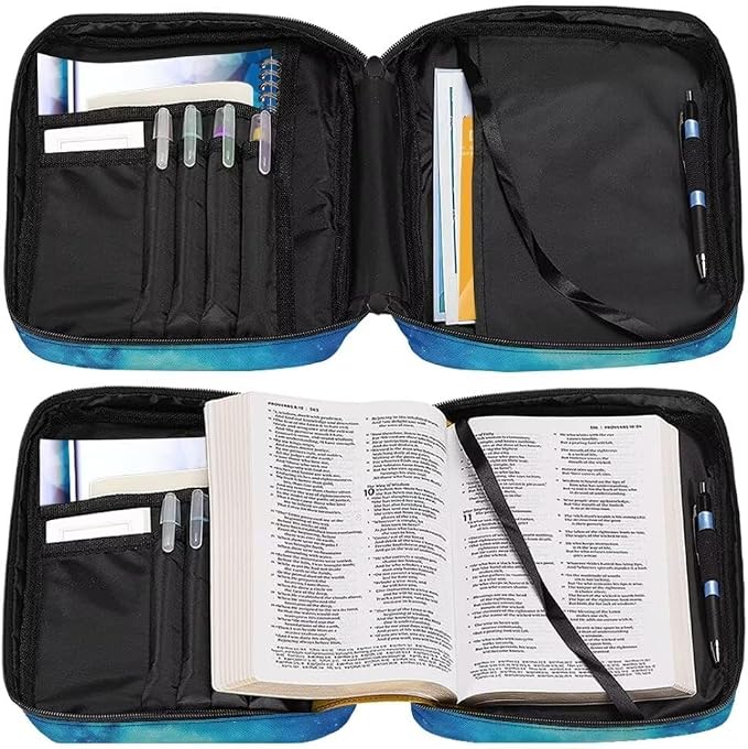 Coldinair Fire Baseball Bible Cover for Kids Teen Men,Galaxy Church Bible Protective Book Case with Pen Slot Handle & Zippered Pocket Red Marble Travel Christian Bible Accessories,Blue