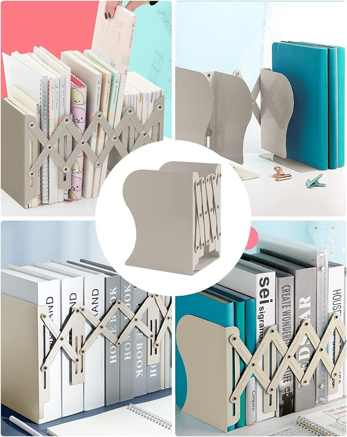 MSDADA Adjustable Bookends, Book Ends for Heavy Books, Expandable Book Organizer for Desk, Shelf, Office, School, for 6 7 8 9 10 11-15 Boys and Girls, Extends up to 19 inches (Beige)