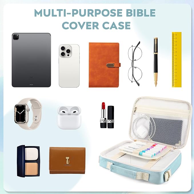 Bible Cover Case for Women Grils, Preppy Bible Bag with Adjustable Shoulder Strap, Waterproof Bible Carrying Tote Bags Holder for Bible Study Supplies Accessories & Christian Gifts (Blue)