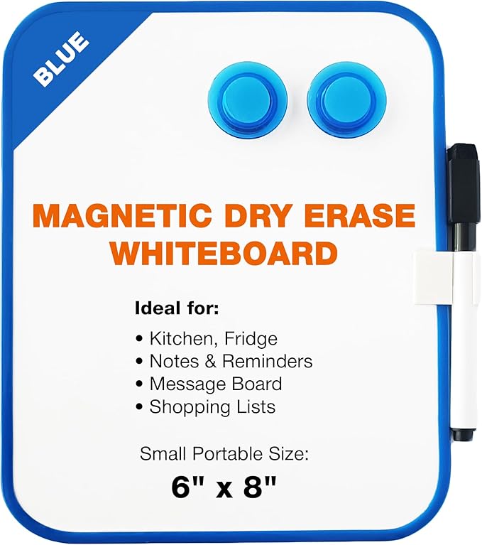 Magnetic Dry Erase Board for School Locker, 6" x 8", Blue Framed with Marker and 2 Magnets - Small Whiteboard for Classroom, Home, Office, Travel