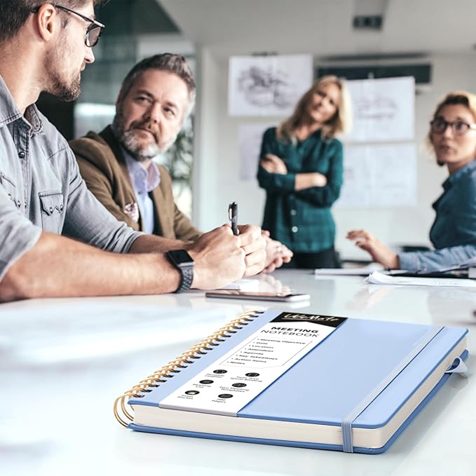 WEMATE Meeting Notebook for Work B5 (7"x10") - PU Leather Work Notebook with Agenda, Action Items & Notes - 200 Pages for Men&Women, Staff and Students, Meeting, Projects Planning - Light Blue