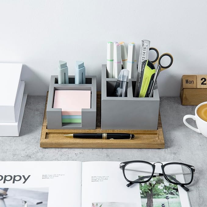 MyGift Desk Tray Concrete Desk Organizer Office Desktop Pen Holder Sticky Note Storage & Acacia Wood Tray – 3-Piece