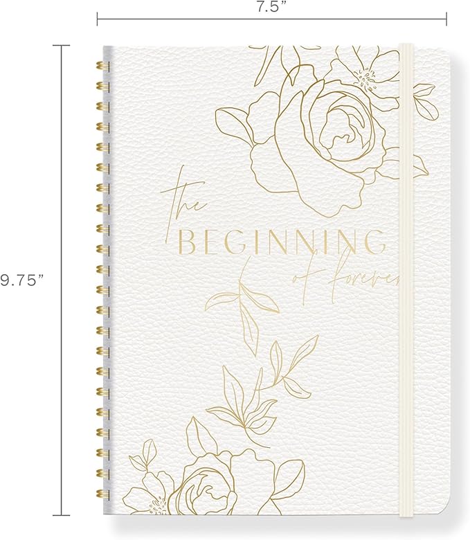 Fringe Studio Faux Leather Cover Semi-Concealed Spiral Wedding Planner, 4 Tab Dividers, Elastic Closure, "CASCADING ROSES", Approx. 7.5" w x 9.75" h, 104 Pg, Wedding Collection (680002)