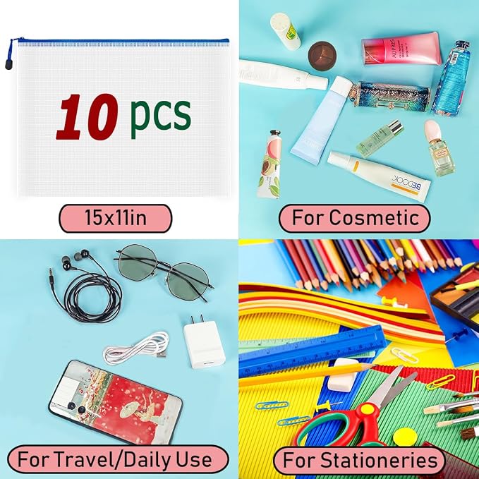 10 Pcs Zipper File Bags, Waterproof Plastic Mesh Pouch for Office School, Board Game Storage Bags (B4 Size 15''x11'', White and Blue)