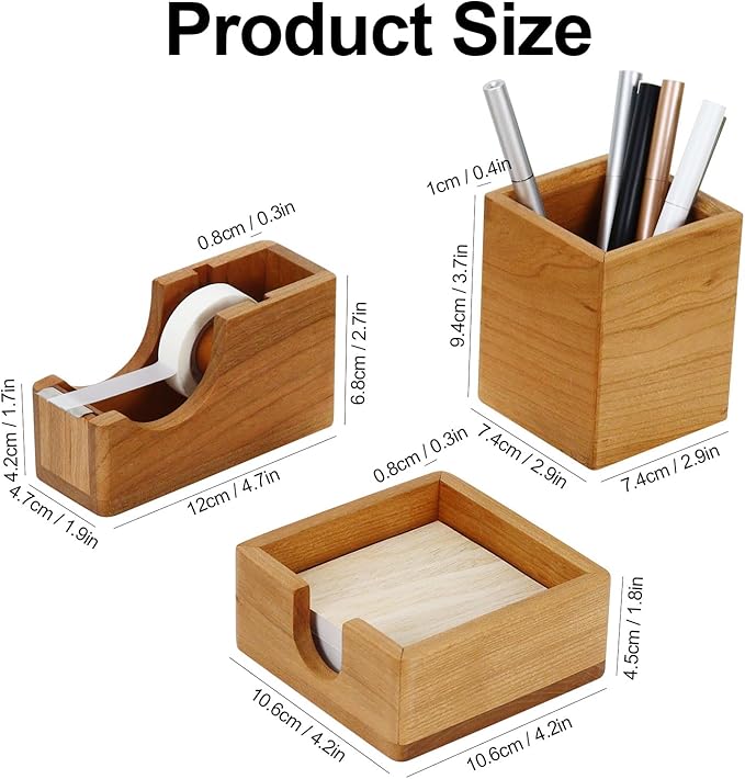 MultiBey Solid Cherry Wood Desk Organizer Set, Wood Tape Dispenser with Refill Rolls, Wooden Pen Holder, Wood Post It Note Holder for Office & Home Desk Supplies (3-Piece Set)