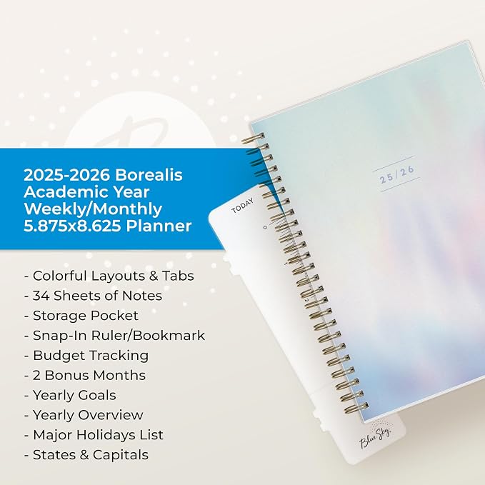 Blue Sky 2025-2026 Weekly and Monthly Academic Year Planner Calendar, July 2025 - June 2026, 5.8" x 8.6", Flexible Cover, Wirebound, Laminated Tabs, Storage Pocket, Borealis