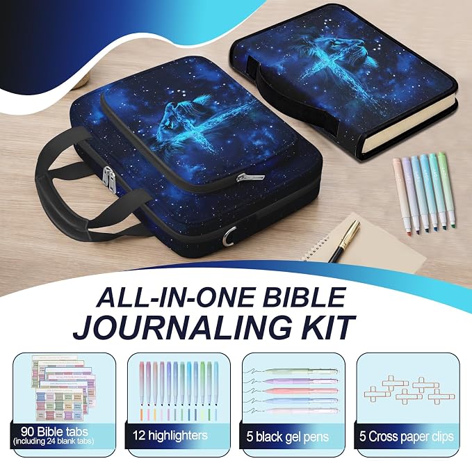 Lion Cross Large Bible Cover Case for Men Boys, Bible Bag for Men Organizer with Strap & Handle Zipper Pocket, Bible Study Supplies Journaling Kit with Pens Highlighters Tabs Christian Gift