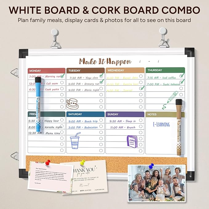 Marsrock Weekly Dry Erase Board and Cork Board Combo for Wall, 17"x13" Reversible Hanging Dry Erase Board, Double Sided White Board with Aluminum Frame for Planning, Office, Kitchen, School, Home