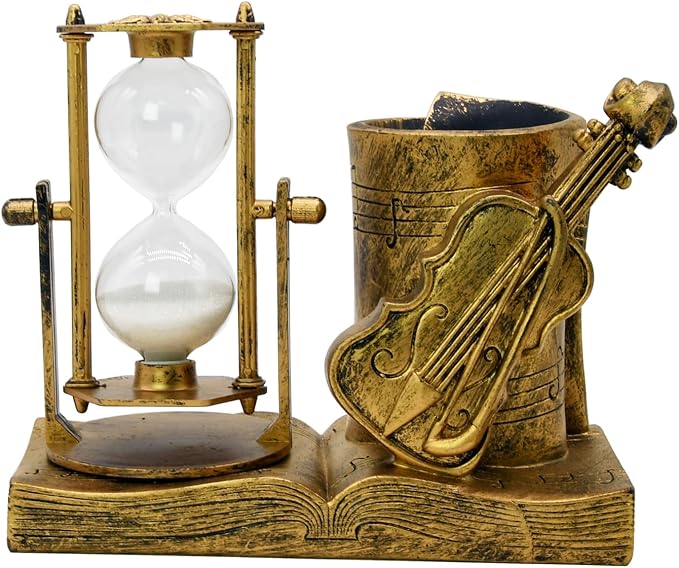 Violin-Themed Pencil Holder with Hourglass, Resin Desktop Organizer for Office & Study, Pen Holder with Sand Timer, Classic Music Addition Scissors Storage, Artistic Gift for Violin Lovers