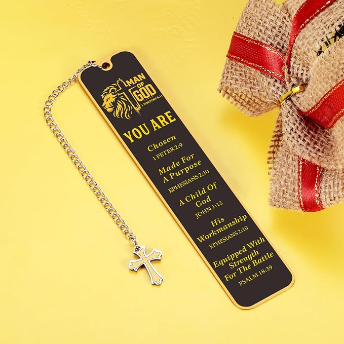 Christian Bookmark for Men, Inspirational Lion Bible Verse Bookmark with Cross Pendant, Religious Scripture Verse Bookmarks for Man Accessories Church Fathers Day Baptism Easter for Pastor Men