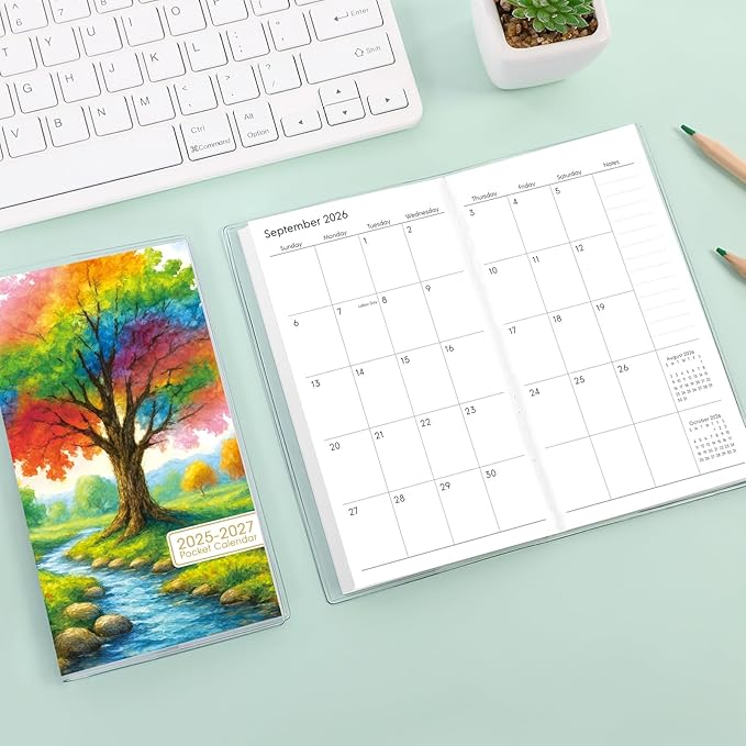 Phyxin Pocket Calendar 2025-2027, Two Year Pocket Planner - Runs From Jul 2025 Until Dec 2027, Small Size Planner - 6.7" x 3.7", Small Calendar for Easy Organizing, Tree