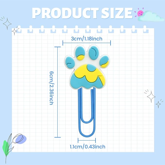 Cute Paper Clips,30Pcs Cute Paw Print Bookmark Paperclip Bulk Metal Colorful Planner Clip Charm Clamp Cat Dog Paw Print Desk Accessories Stationery Office Supplies gift for Student Teacher Party Decor