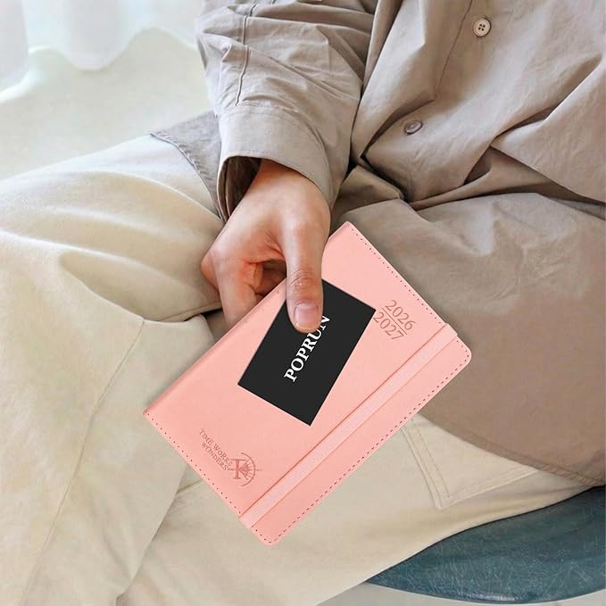 POPRUN Pocket Planner 2026-2027, Purse Size-4" x 6.25", Pocket Calendar (July 2026-June 2027) for Purse, Academic Small Weekly Planner with Hourly Slots, Leather Soft Cover, 100GSM - Celadon Green