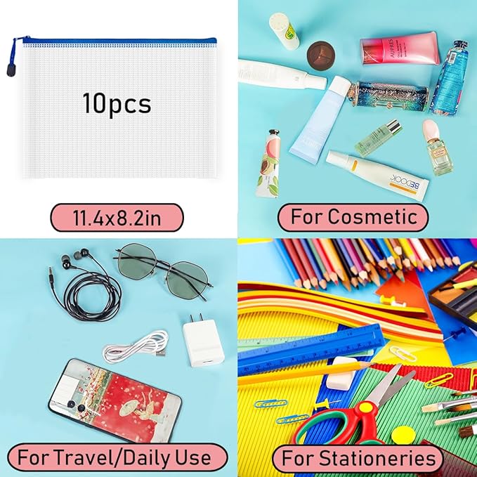 10 Pcs Zipper File Bags, Waterproof Plastic Mesh Pouch for Office School, Board Game Storage Bags (B5 Size 11.4''x8.2'', White and Blue)