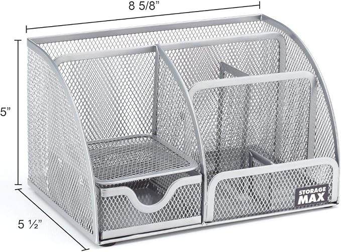 Desk Organizer with Drawer, Desktop Wire Mesh Sorter with 6 Compartments for Pens, Pencils and Letters (Silver)