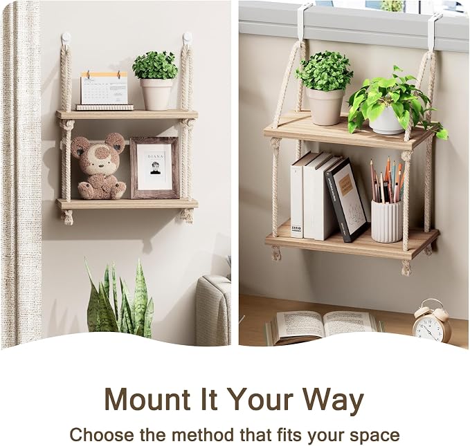 2 Tier Cubicle Shelf for Walls, 11.8" Wooden Hanging Wall Shelf with Hooks & Cotton Rope, Boho Style Office Cubicle Accessories for Work, Desk Wall Storage Organizer for Office Decor
