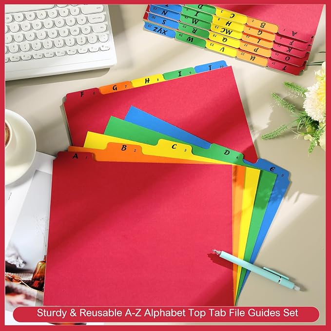 1 Set 25 Pack Alphabet File Dividers Letter Size, 1/5 Cut Tab A-z File Guides Number Folder Organizer for Filing Cabinet and Desk Home Office School(Rainbow Colors)