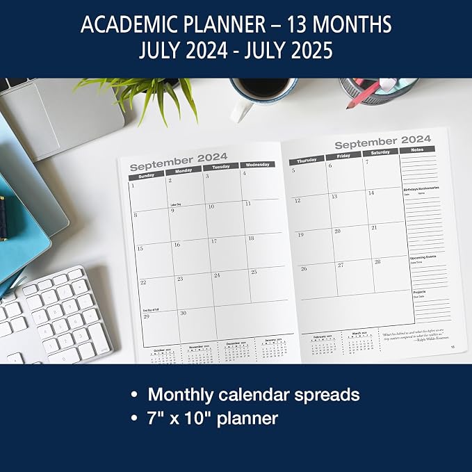 Elan Publishing Company Academic Calendar - 13 Months (July 2024 - July 2025) 7" X 10" Saddle-Stitched Dated for 2024-2025 Academic Year (Blue)