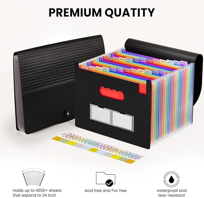 Sooez 24 Pockets Expanding File Folder with Blank Labels, According File Organizer with Expandable Cover, Desktop Accordion Folders Letter A4 Paper Document Storage Organizer, Purple