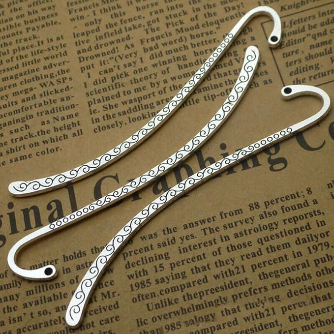 EKDJKK 20 Pack Metal Bookmark Hairpin Hook Antique Vintage Silver Carved Hook Bookmark with Loop Metal Book Markers Embossed Bookmarks, Jewelry Making Charms