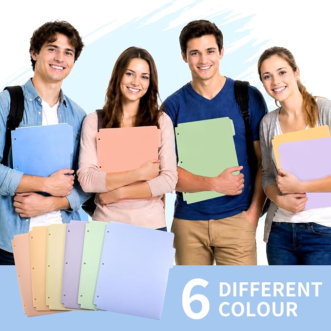Plastic Folders with Pockets, 3 Hole Punched for 3 Ring Binder, 12 Pack Pastel File Folders, 1/3 Cut Index Tabs for Quick Find, Heavy Duty File Folders, Letter Size for School