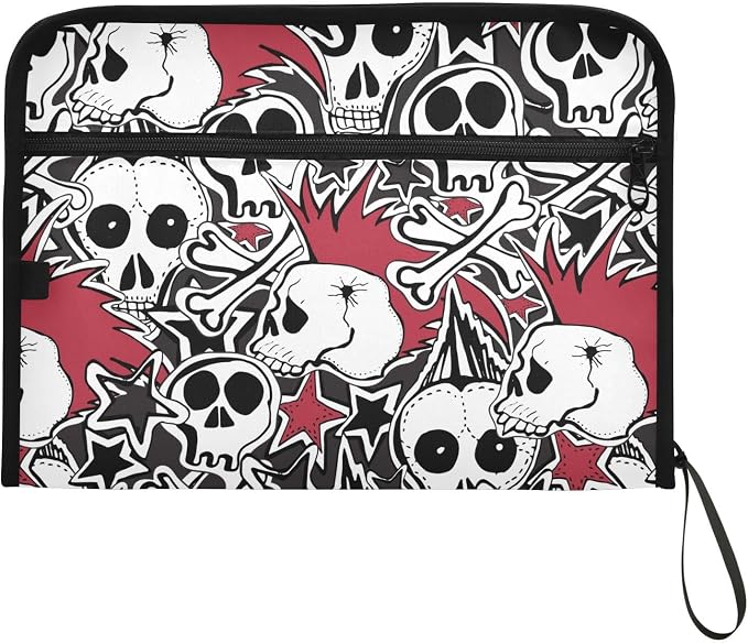Punk Rock Skulls File Folders,Plastic Folders with 13 Pockets,Expandable File Folder for Documents School Students Office,Aesthetic Folder with Labels A4 Letter Size