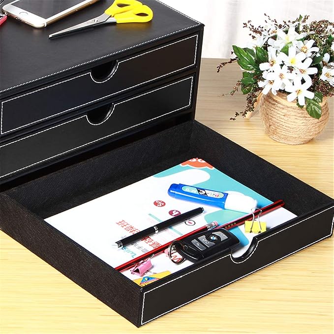 Ayunga Leather Desk Organizer with 3 Drawers, Executive Office Supplies Desktop Filing A4 File Cabinet/Holder,Stackable Storage Box for Jewelry/Bill/Documents/Makeup Home Decor Accessories(Black)