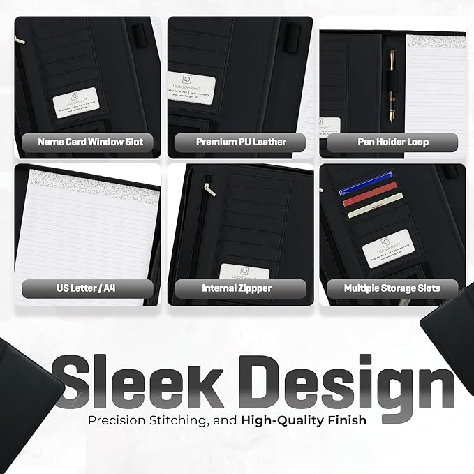 Black Zippered Leather Portfolio - High Capacity 2-Inch Spine - Fits Surface Go & iPad Pro/Air 11 Inch - Professional Resume Padfolio