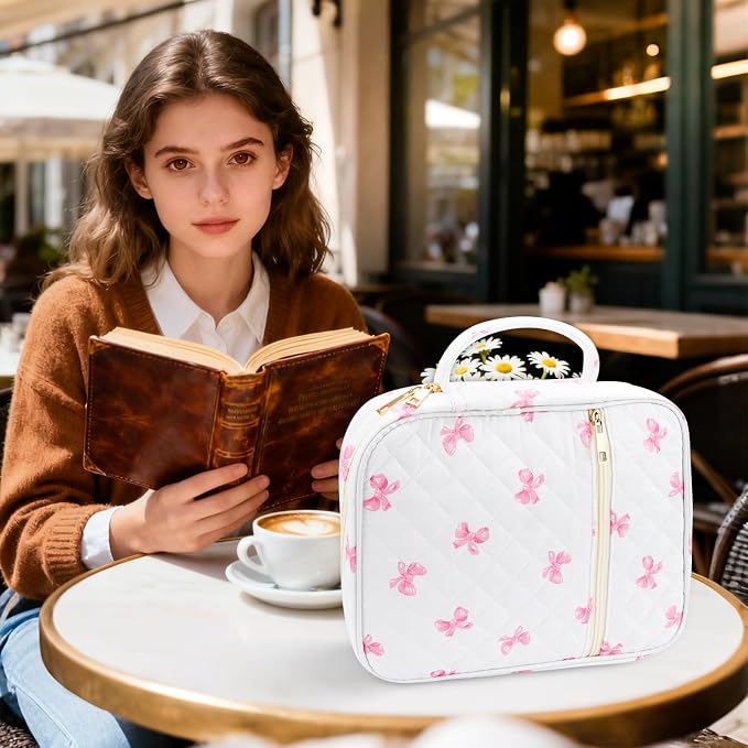 Zkptops Bible Cover Case for Women Girls Large Bible Bag Cotton Quilted Bible Carrying Case with Zipper Pocket and Handle Pink Bow Christian Carrying Book Cover for Christian Study Supplies Gift