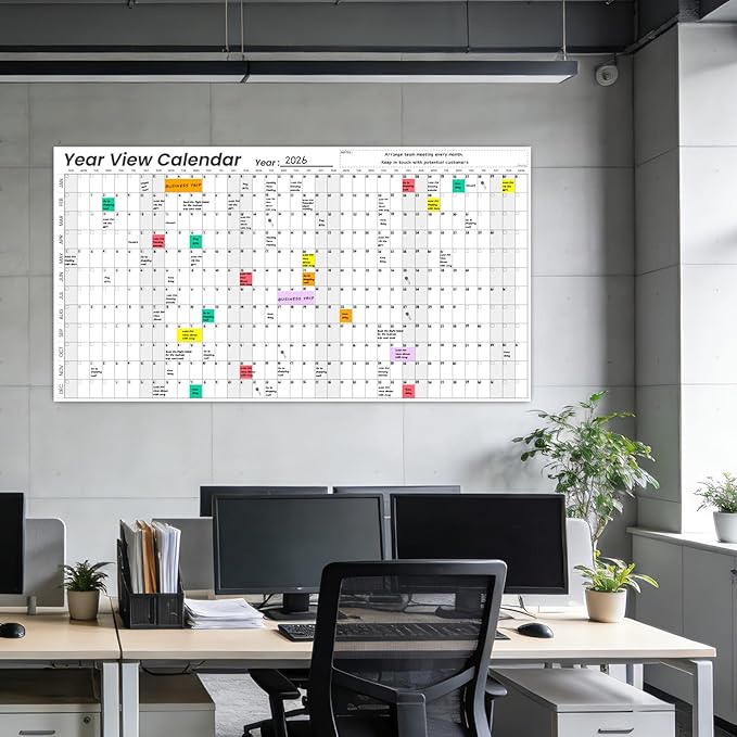 Large Dry Erase Wall Calendar - 24"x 45" Undated 12-Month Yearly Wall Calendar for Home, Office, Classroom - 50 Reusable Dry Erase Color Tabs Included