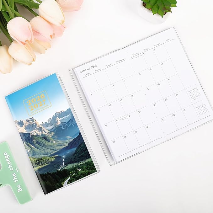Pocket Calendar 2026-2027, Purse Planner, 3.7" x 6.7", Runs from January 2026 Until December 2027, Pocket Monthly Calendar with Mountain PVC Cover for Office