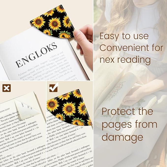 Icycay Sunflower Corner Bookmarks, Funny Leather Book Accessories for Book Lovers, 3 Pcs Reading Book Page Markers for Women Men Student Teacher Girls Boys Kids Retirement Birthday Gifts