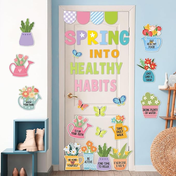 Spring Healthy Bulletin Board Set Spring Into Healthy Habits Classroom Decorations Colorful Flower Butterfly Flowerpot Paper Cutouts for School Party Nursery Chalkboard Home Office Wall Door Supplies