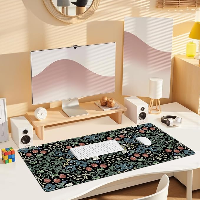 Desk Mat for Keyboard and Mouse, Large Non-Slip Mouse Pad Keyboard Pad, Computer Mats for Desktop, Desk Pad with Stitched Edges for Office, Gaming I Gothic Floral Morris Style