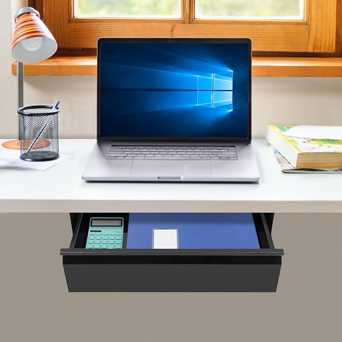 16 Inch Under Desk Mounted Sliding Pull-out Drawer Storage for Sit Stand Workstation Office(Applicable Table Thickness: 0.79in) Black