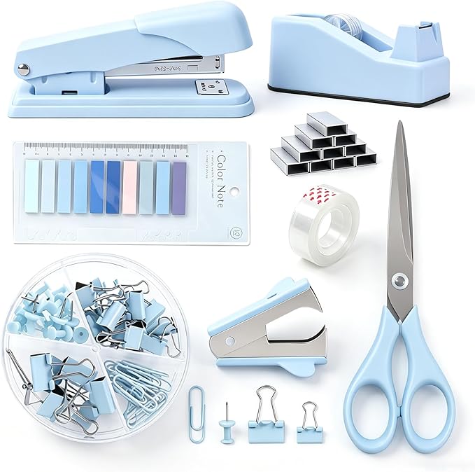 All-in-One Desk Accessories Kit, Office Supplies Set with Stapler Tape Dispenser Scissors Staple Remover Staples Clips & Push Pins, Aesthetic Stationery Organizer for School Student Home - Pastel Blue