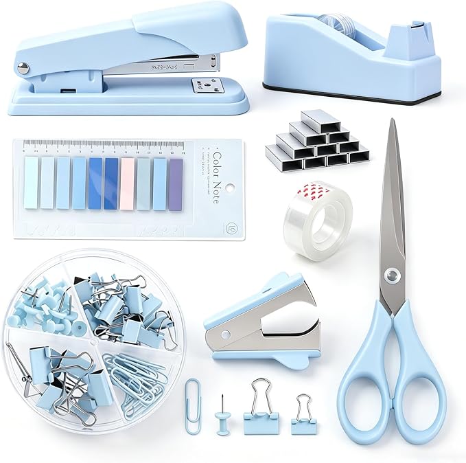 All-in-One Desk Accessories Kit, Office Supplies Set with Stapler Tape Dispenser Scissors Staple Remover Staples Clips & Push Pins, Aesthetic Stationery Organizer for School Student Home - Pastel Blue