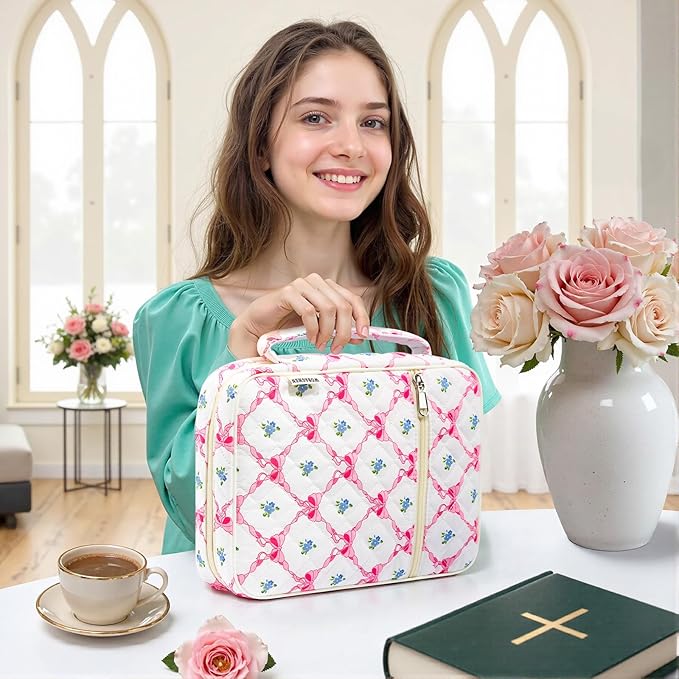 WOBAGMEN Bible Cover Case for Women,Large Bible Tote Bags Organizer Quilted Carrying Case for Girls,Bible Study Supplies Accessories Christian Gifts for Women (linggehua, M)