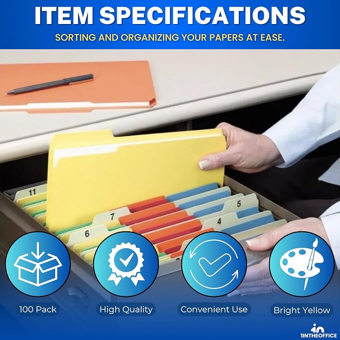 1InTheOffice Yellow Folders, File Folders Letter Size, Filling Folder, Top Tab, 1/3 Cut Assorted Tab, 100 Pack